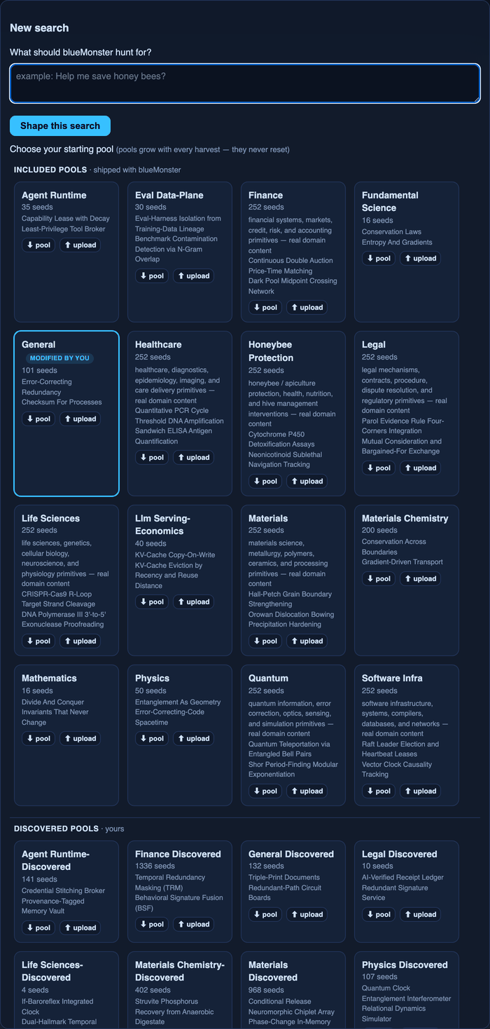 The blueMonster new-search dialog with a text box asking what to hunt for and a grid of topic pools to start from, such as Agent Runtime, Finance, Healthcare, and Physics.