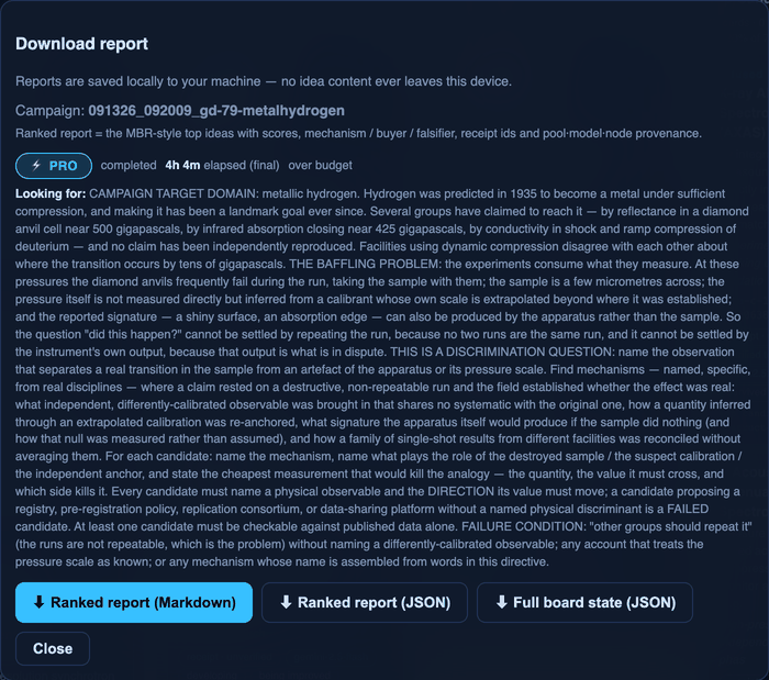 The blueMonster Download report dialog for a finished search, with buttons for a ranked report in Markdown, a ranked report in JSON, and the full board state in JSON.