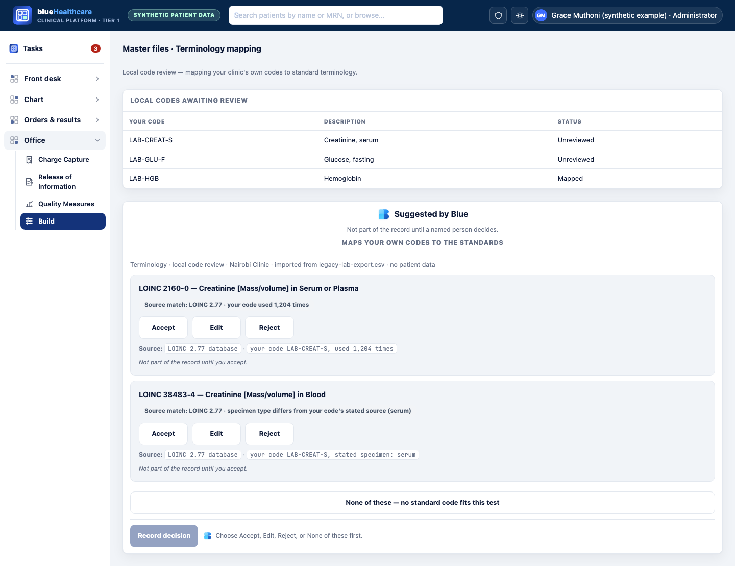 Design mockup: blueHealthcare shell, Office area (master files), showing Blue's two suggested standard code candidates for a clinic's own lab code, each with Accept, Edit, Reject and a none-of-these option, none pre-selected.