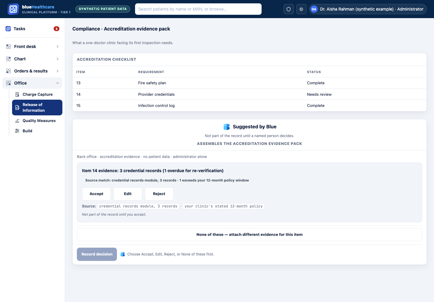 Design mockup: blueHealthcare shell, Office area, showing Blue's suggested accreditation evidence for Item 14 with Accept, Edit and Reject buttons of equal weight.