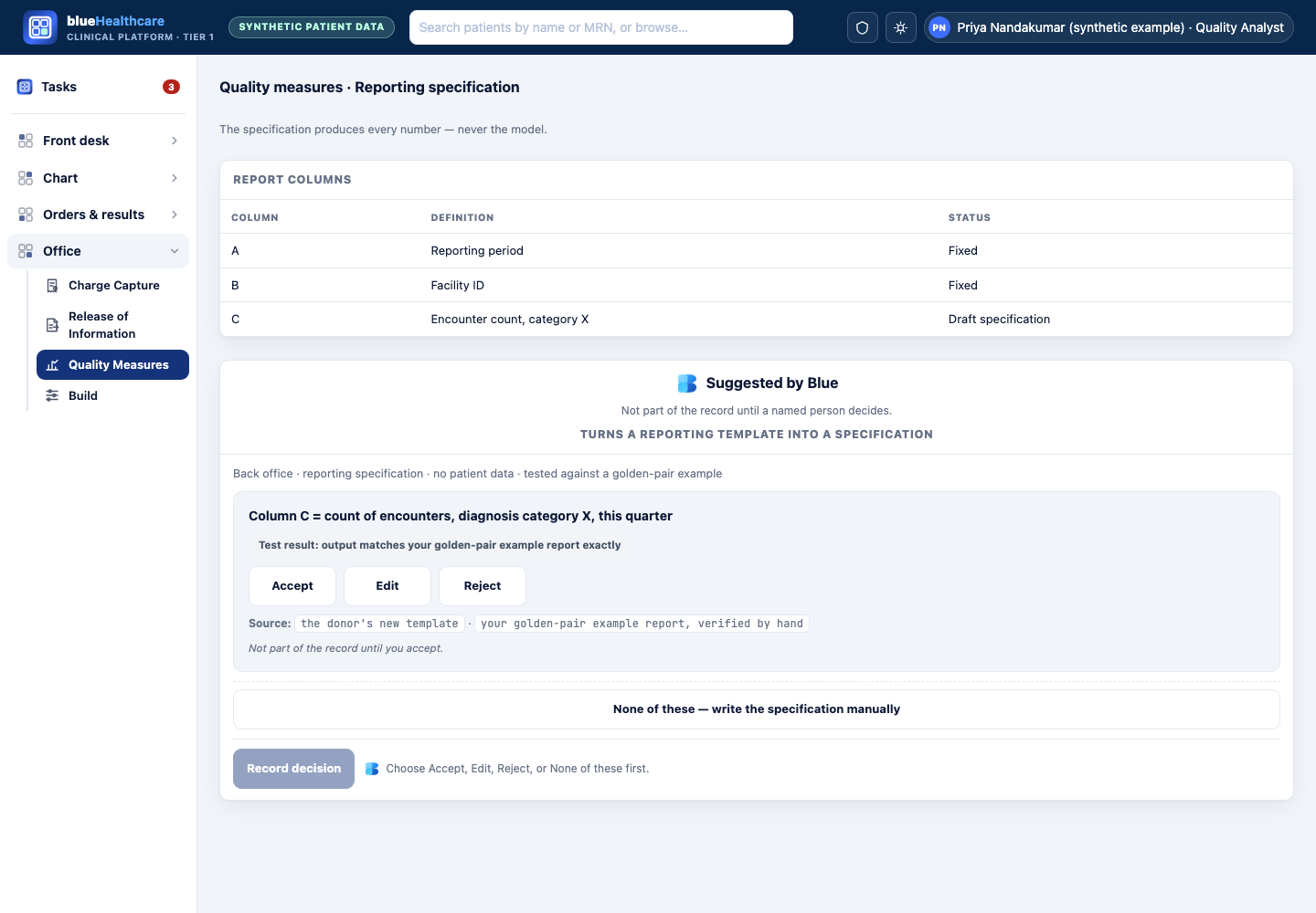 Design mockup: blueHealthcare shell, Office area (Quality measures), showing Blue's suggested reporting specification with an accept, edit, reject and none-of-these option.