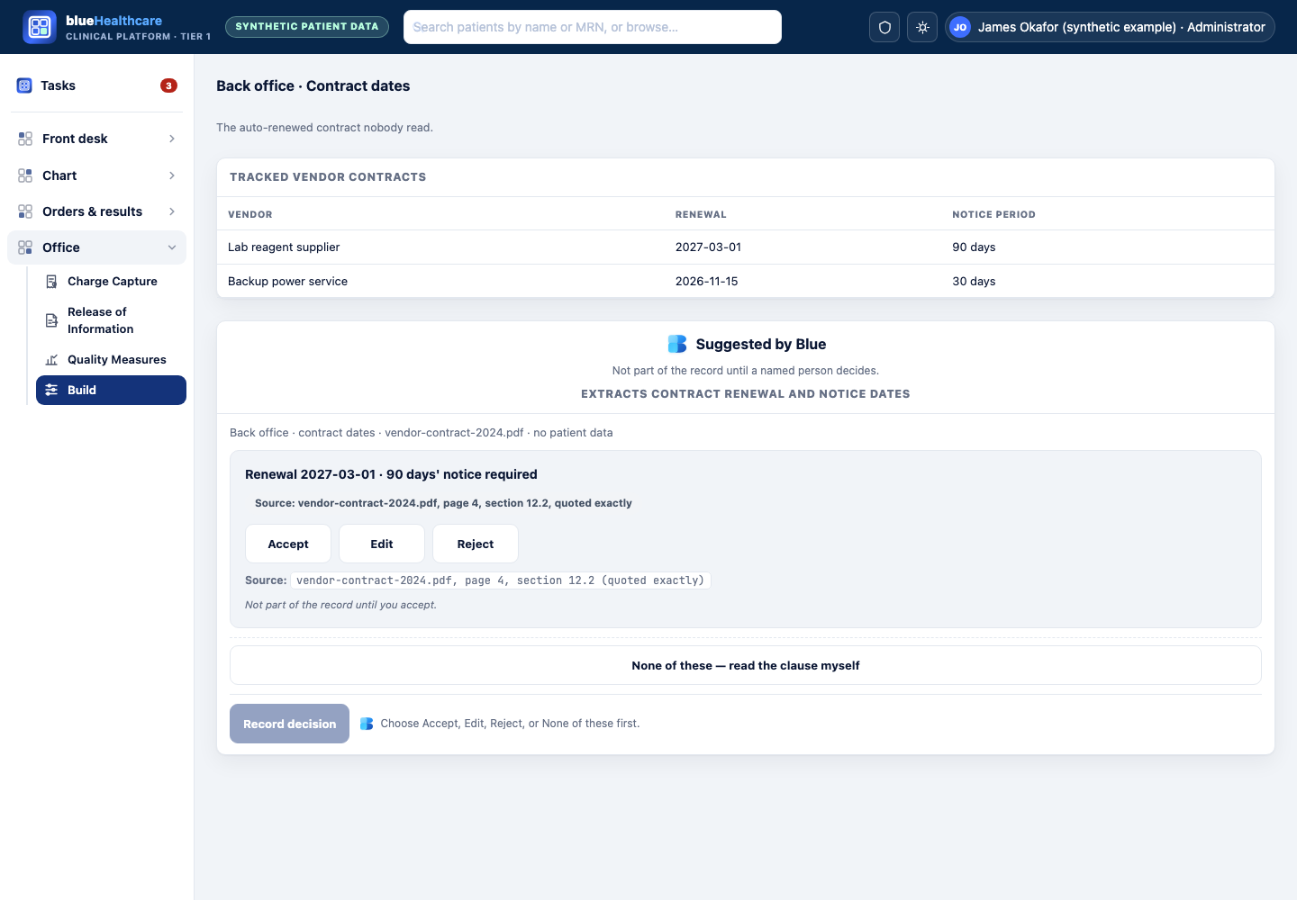 Design mockup: blueHealthcare shell, Office area, showing Blue's suggested contract renewal and notice date extracted from a vendor PDF.