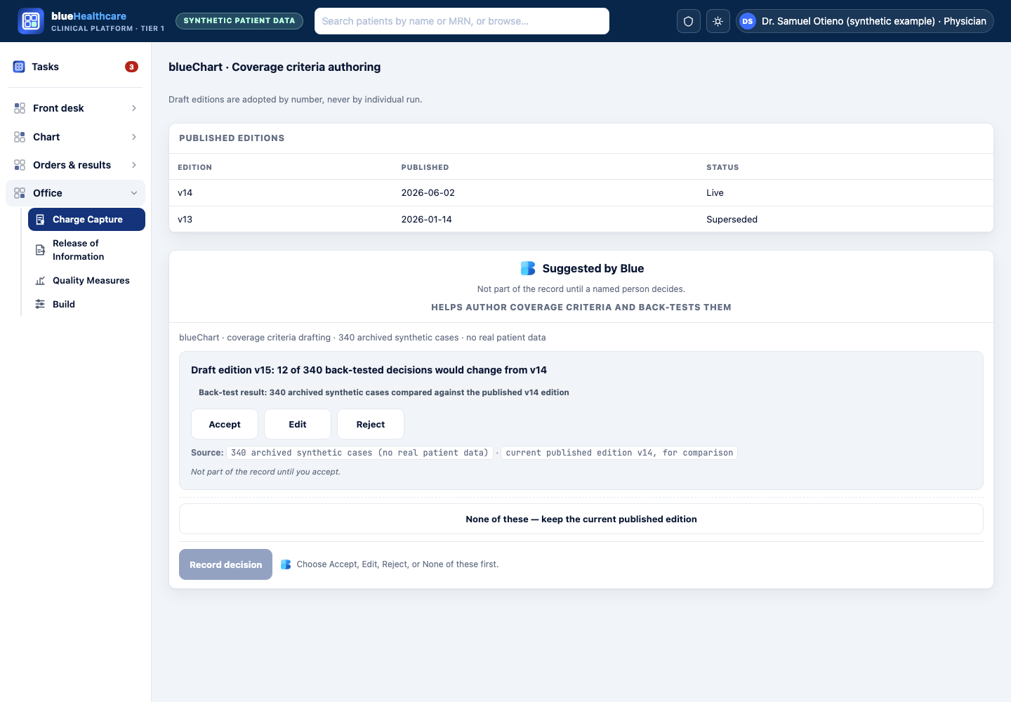 Design mockup: blueHealthcare shell, Office area, showing Blue's suggested coverage-criteria draft edition with a back-test summary.