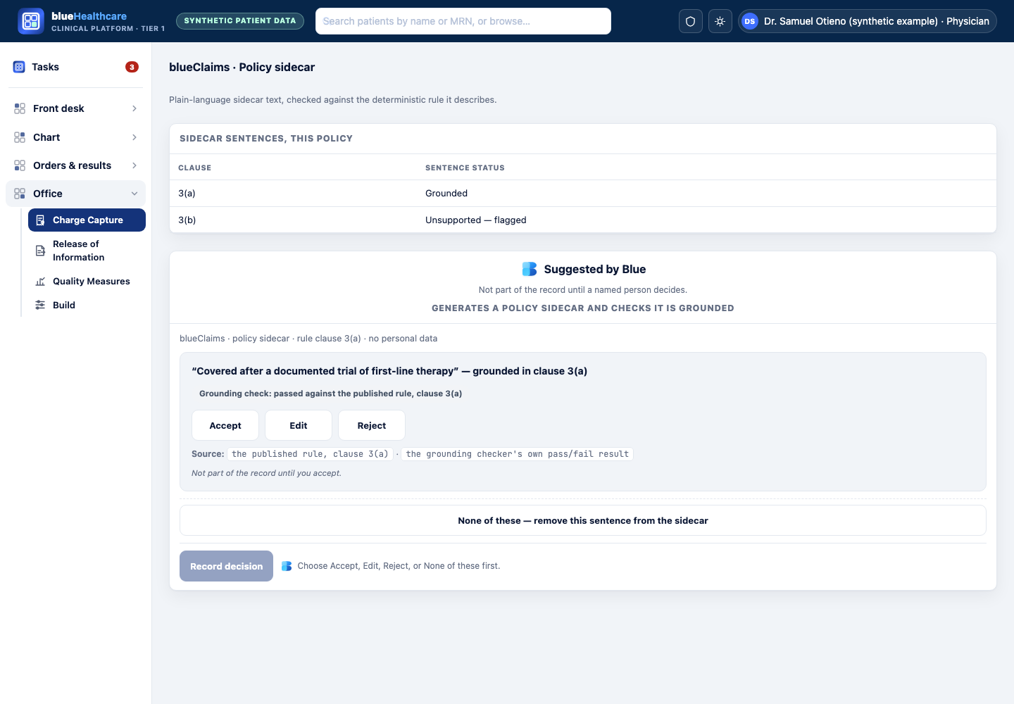 Design mockup: blueHealthcare shell, Office area, showing Blue's suggested policy sidecar sentence with a grounding-check result.