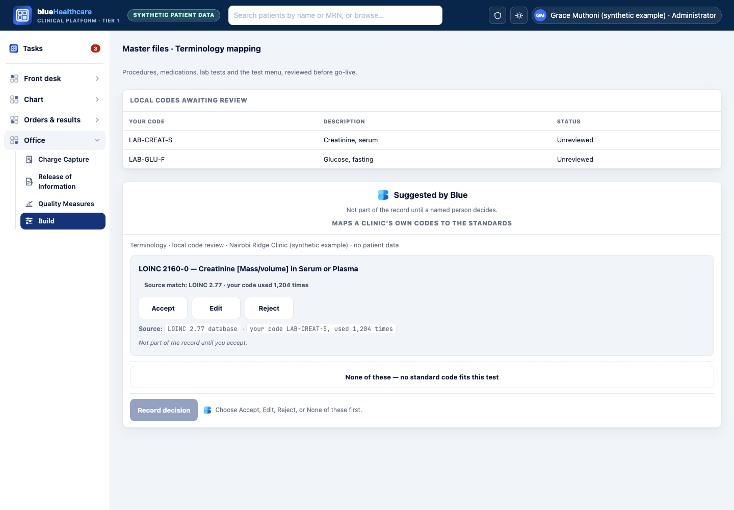 Design mockup: blueHealthcare shell, Office area (master files), showing Blue's suggested standard code mapping for a clinic's own lab code.