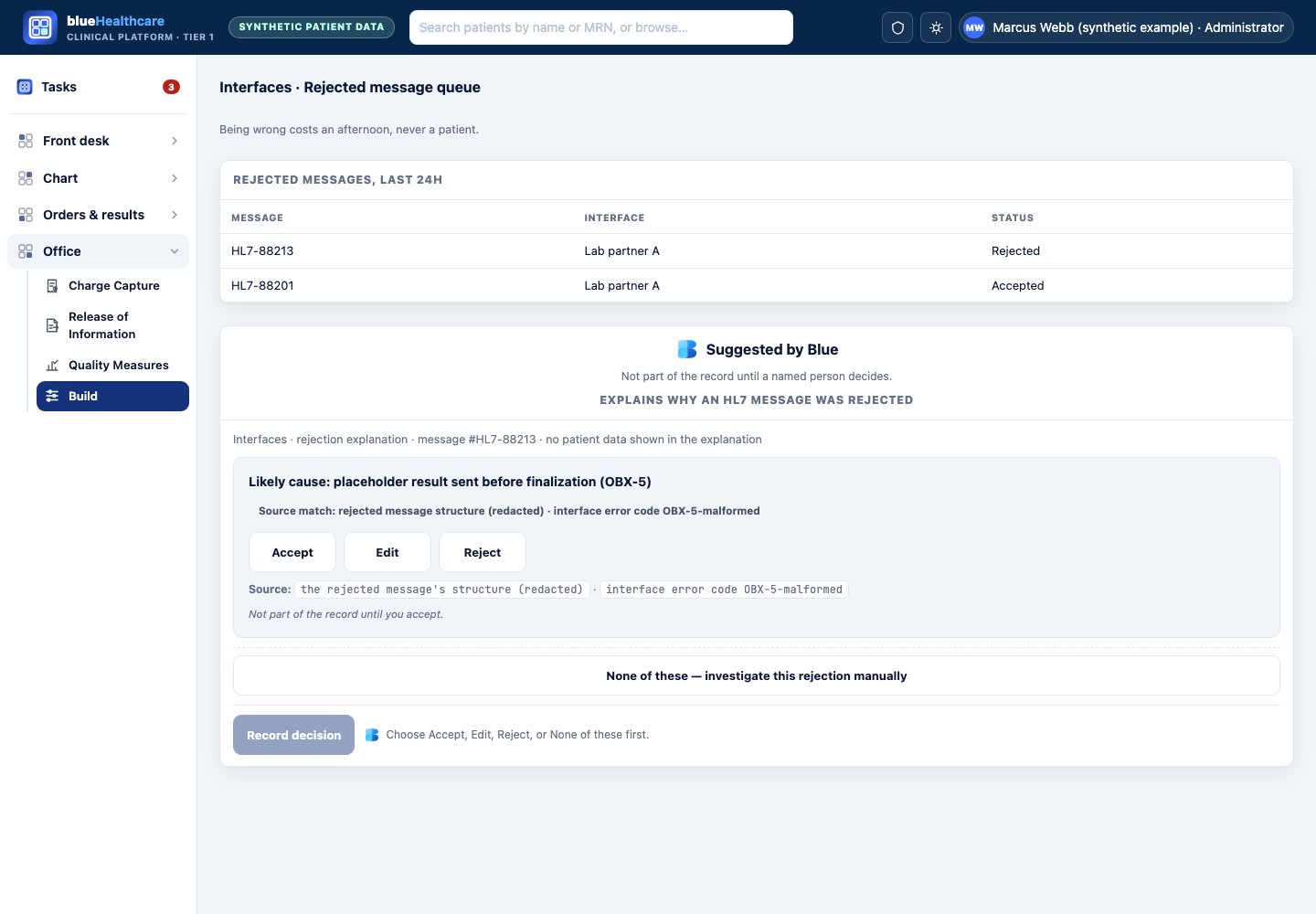 Design mockup: blueHealthcare shell, Office area, showing Blue's suggested explanation for a rejected HL7 message.