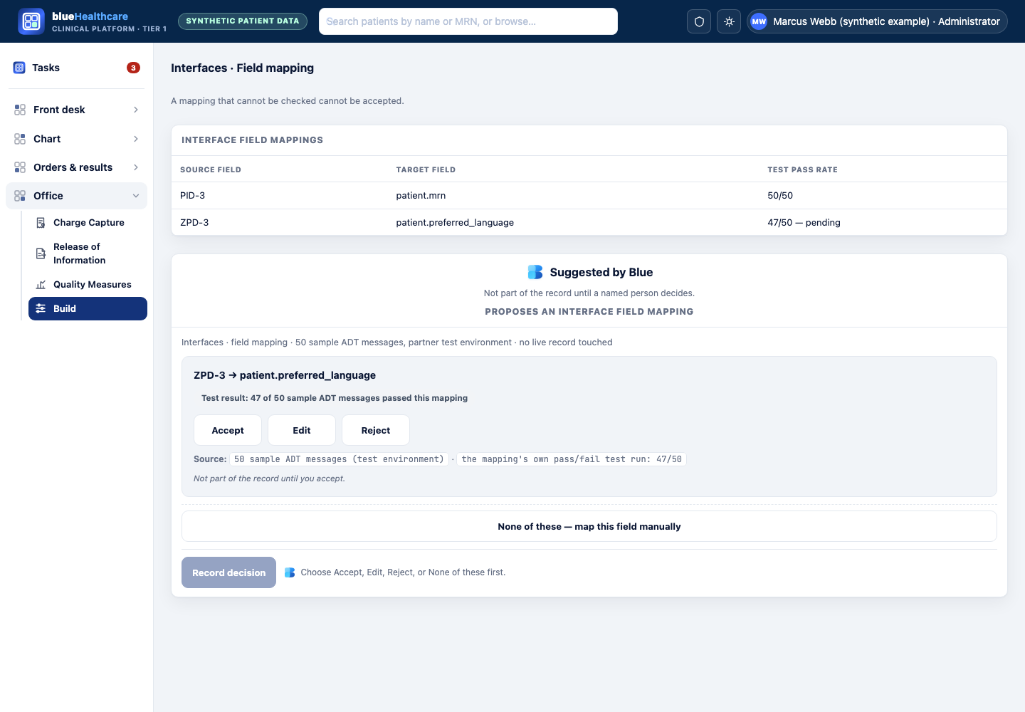 Design mockup: blueHealthcare shell, Office area, showing Blue's suggested interface field mapping with its own pass/fail test result.
