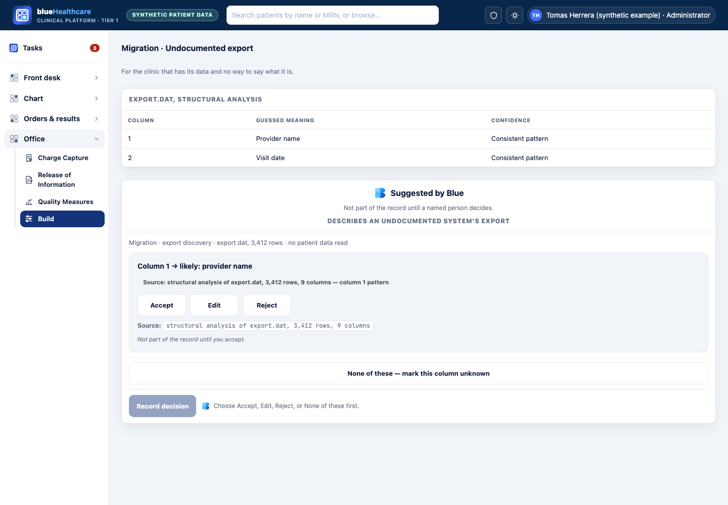 Design mockup: blueHealthcare shell, Office area, showing Blue's guess at the meaning of an undocumented export column.