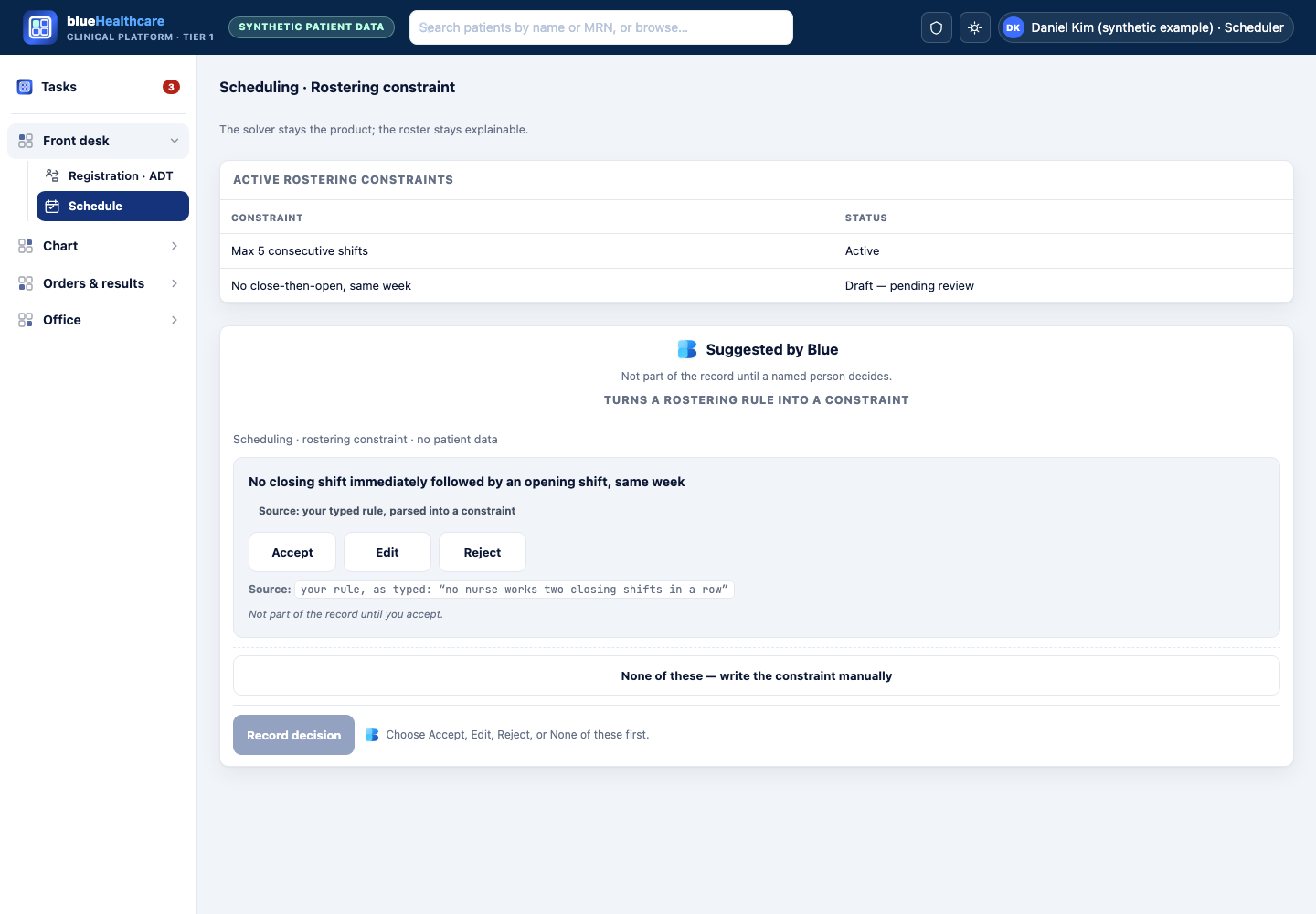 Design mockup: blueHealthcare shell, Front desk area, showing Blue's suggested rostering constraint drafted from a plain-language rule.