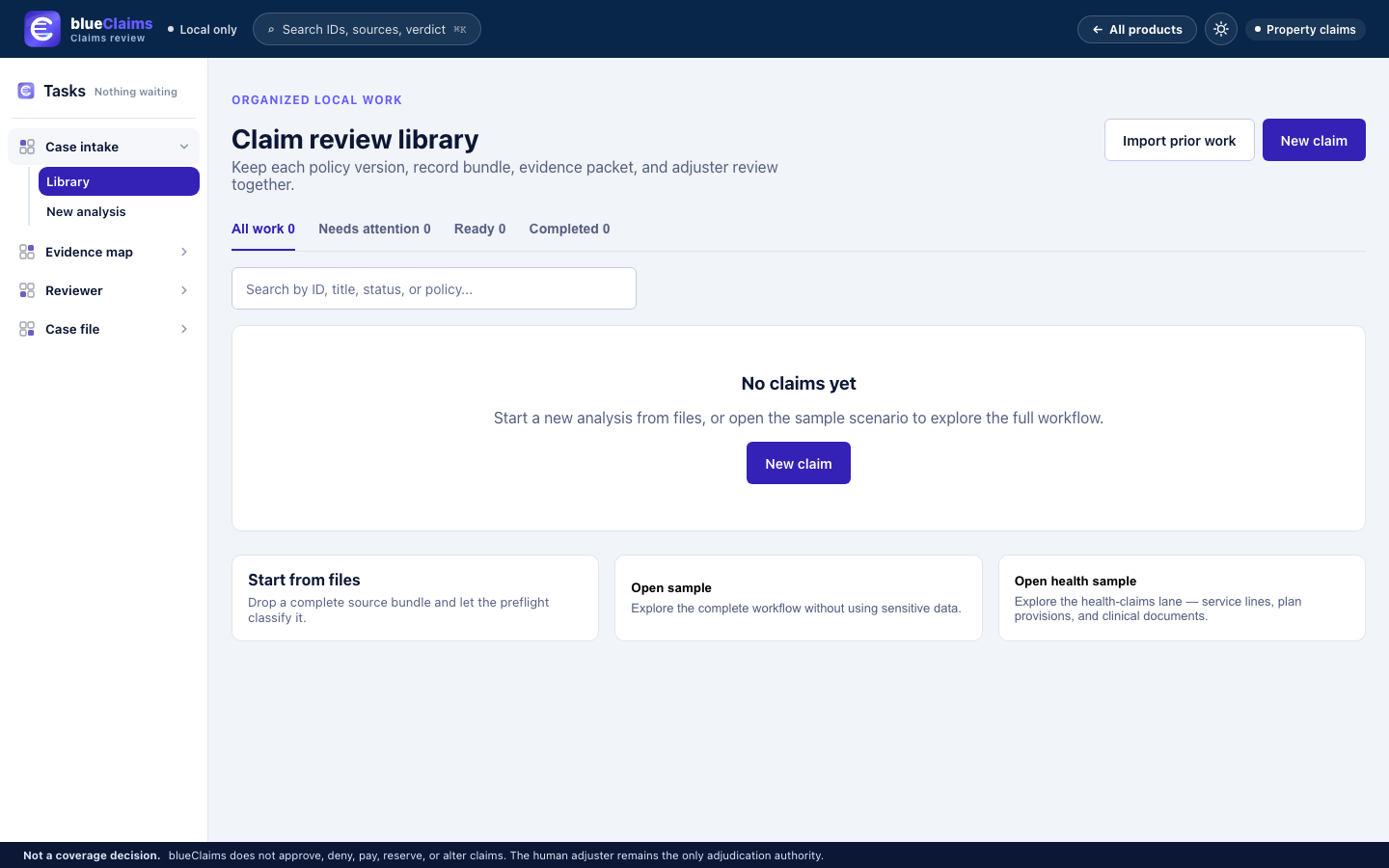 blueClaims Claim review library screen: the default view listing claims, with options to start a new claim from files, import prior work, or open a bundled synthetic sample.